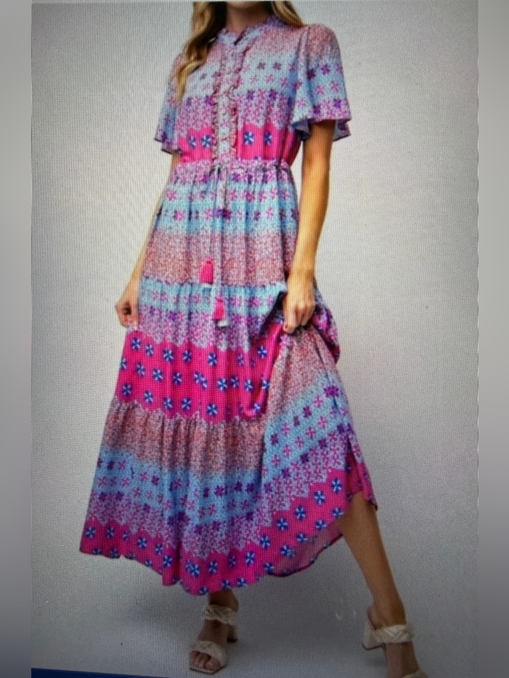 Easel Boho Floral Tiered Maxi Dress in Pink & Lavender Med